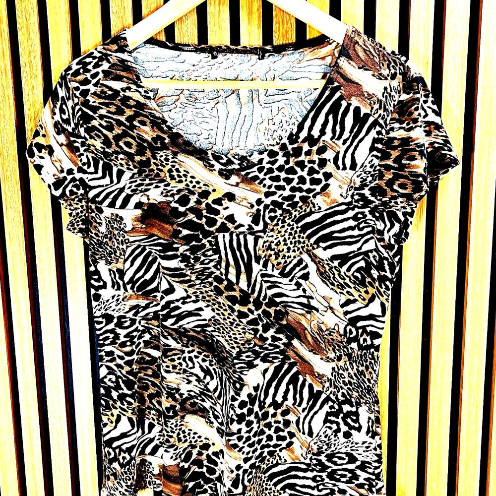 Women’s Animal Print Top Size Medium Leopard Zebra Brown Stretch Blouse